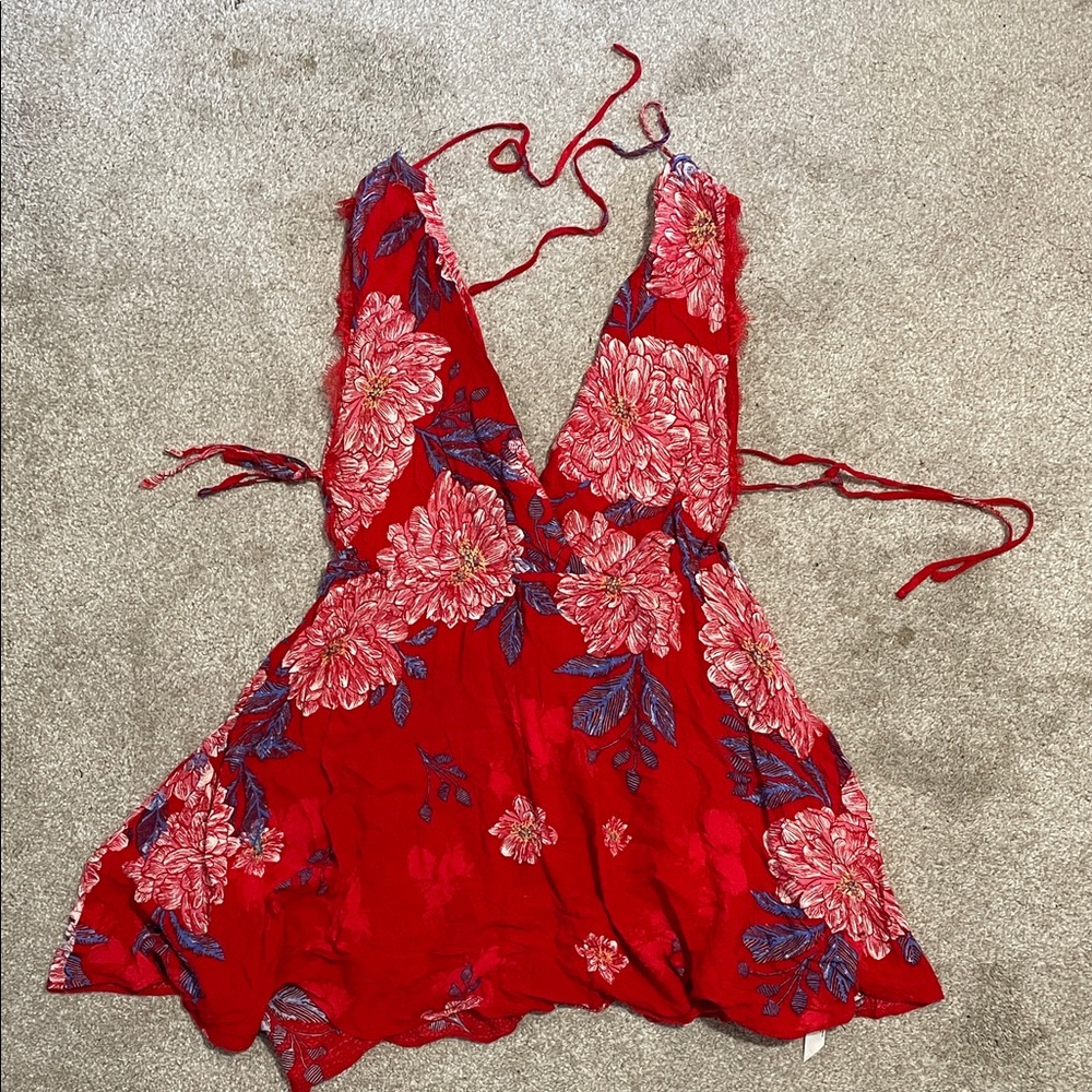 Free People Red Floral Wrap Mini Tunic